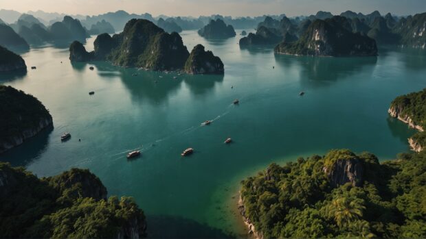 Aerial Halong Bay wallpaper showcasing the vastness of the bay and its myriad of limestone islets, with turquoise waters stretching to the horizon and beyond.