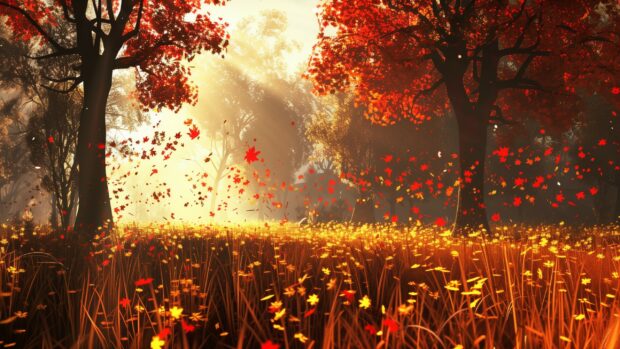 Aesthetic Autumn nature field with red maple trees, scattered leaves.