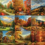 Aesthetic Fall collage featuring a variety of autumn scenes with colorful foliage, pumpkin patches, winding forest paths.