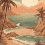 Sunset coastal scene with palm trees, rocky cliffs, gentle waves, and a large full moon in a pastel-colored sky.
