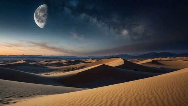 Atmospheric summer night desert landscape wallpaper with towering sand dunes bathed in the silver light of the moon.