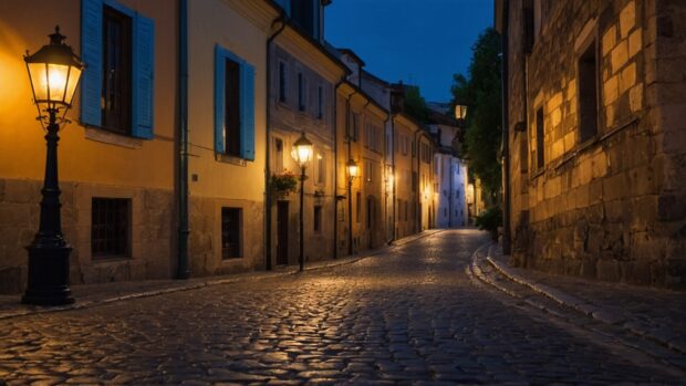 Atmospheric summer night old town wallpaper with cobblestone streets lit by antique street lamps.