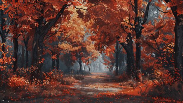 Autumn forest with vibrant red, orange, and yellow leaves, sunlight filtering through the trees,  beautiful fall desktkop wallpaper.