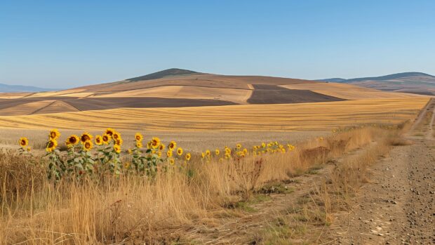 Autumn sunflower field, golden blooms under a clear blue sky, natue wallpaper HD.