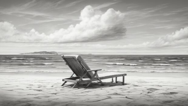 BW Sumemr wallpaper with a solitary beach chair facing the endless expanse of the sea.