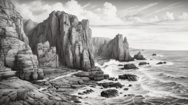 BW summer wallpaper with a serene coastal landscape, featuring rugged cliffs and crashing waves.