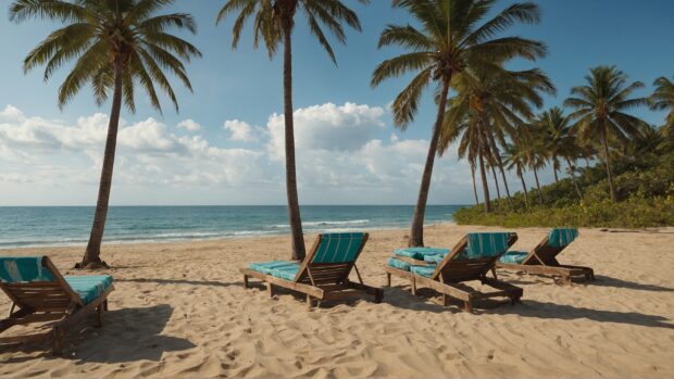 Beachside scene with palm trees swaying in the warm summer breeze.