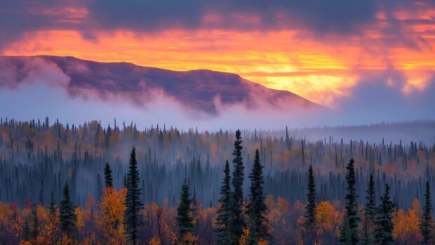 Beautiful fall picture with  A fall sunset over a forest of mixed color trees.