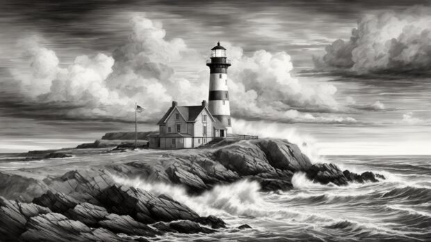 Black White Summer Wallpaper with a coastal lighthouse standing sentinel against a stormy sky.