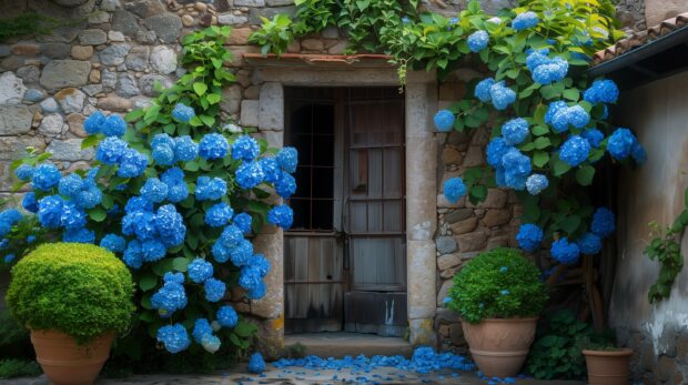 Blue Hydrangea Flowers Outside Entrance Doorway Wallpaper HD 4K.