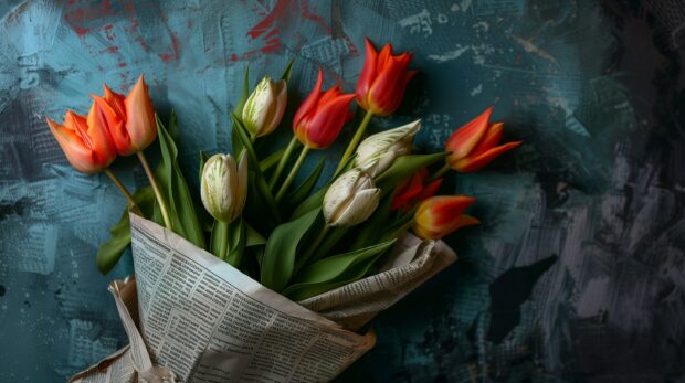 Bouquet of tulips flower wrapped in newspaper.