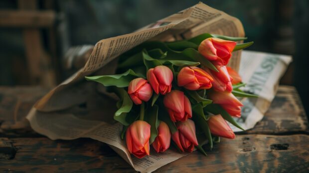 Bouquet of tulips newspaper photo.