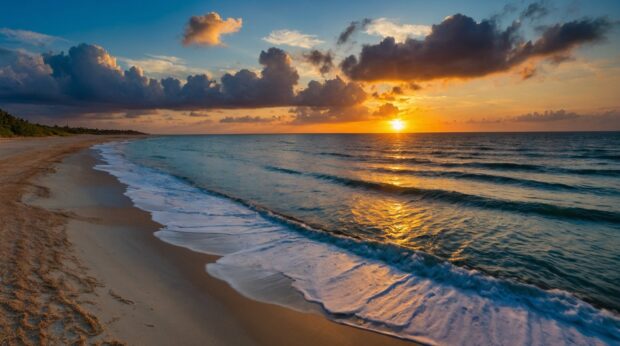 Breathtaking summer beach panorama with a sweeping view of the coastline, distant islands, and a vibrant sunset.