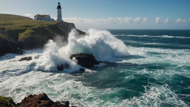 Breezy coastal cliff scene with waves crashing against rocks, seabirds soaring, and a lighthouse in the distance.