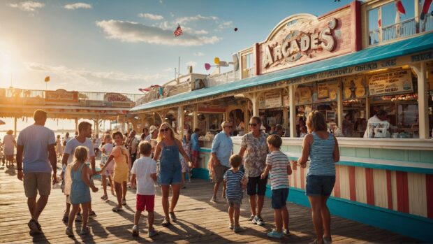 Bustling boardwalk scene with arcades, ice cream stands, and families enjoying the summer sun.