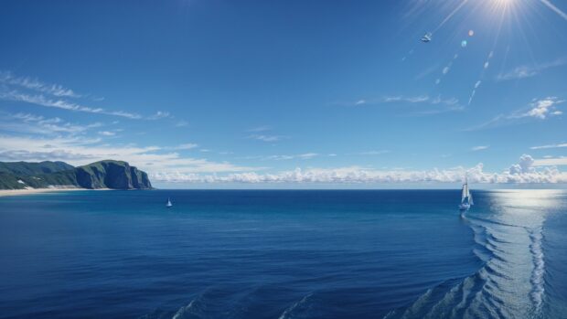 Captivating 4K wallpaper of a sailboat gliding across a shimmering blue ocean on a sunny day.