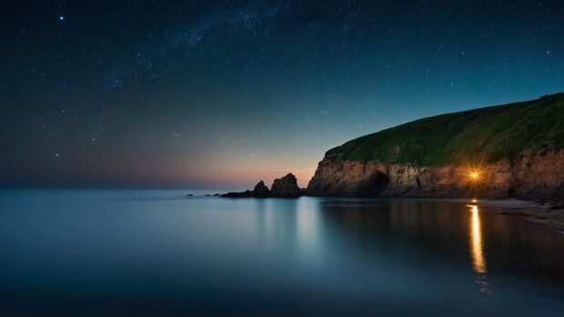 Captivating summer night cliffside wallpaper with stars reflected in the calm ocean below.