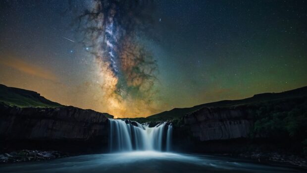 Captivating summer night waterfall wallpaper with the Milky Way stretching across the sky above.