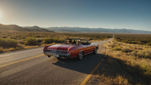 Carefree road trip scene with a convertible car, open highway, and endless summer vistas.