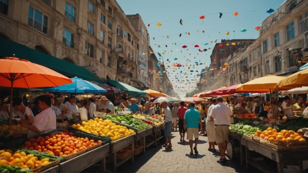 Cheerful summer vibes market with colorful umbrellas, fresh produce, and bustling crowds.