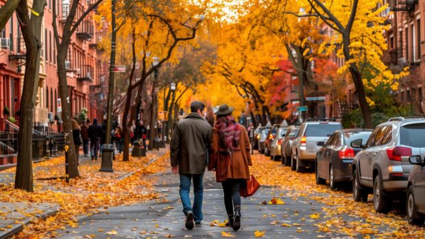 City street in autumn, trees with vibrant fall colors, golden leaves on the ground,  beautiful fall photography.