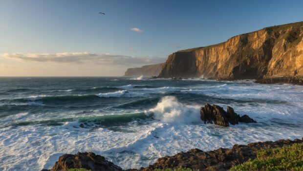 Coastal cliff landscape wallpaper showcasing rugged cliffs overlooking the ocean, seabirds soaring overhead, and crashing waves against the rocky shoreline.