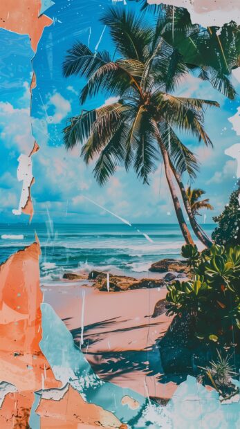 Collage of summer photos, palm trees and blue water in the background, beach scene with sand in the foreground.