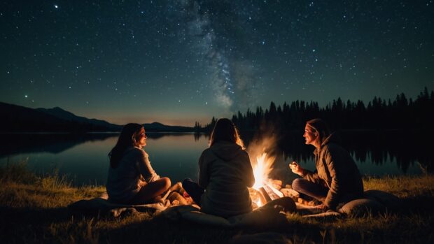 Cozy summer night campfire wallpaper with friends gathered around, sharing stories under a blanket of stars.