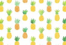 Cute Summer Desktop Wallpapers HD with Pineapple pattern, yellow and green color scheme, white background.
