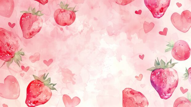 Cute pink pastel watercolor aesthetic cartoon art style wallpaper with strawberries and hearts, simple and clean background.