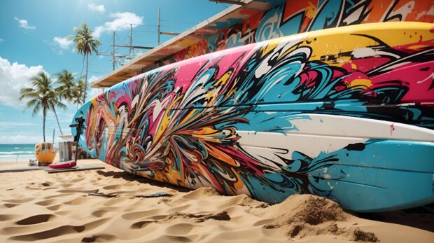 Design a cool summer wallpaper with abstract surfboard.