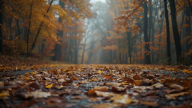 Download Fall Nature HD Wallpaper with A peaceful morning in a fall forest with dew covered.