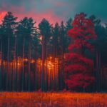 Download Fall scenery wallpaper HD with A fall sunset over a forest of mixed color trees.