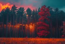 Download Fall scenery wallpaper HD with A fall sunset over a forest of mixed color trees.