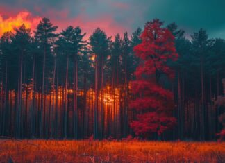 Download Fall scenery wallpaper HD with A fall sunset over a forest of mixed color trees.
