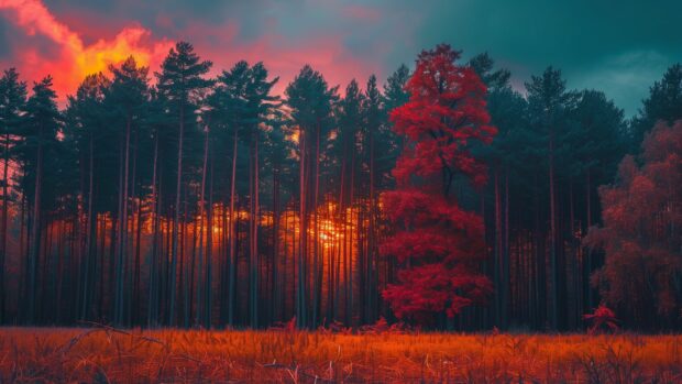 Download Fall scenery wallpaper HD with A fall sunset over a forest of mixed color trees.