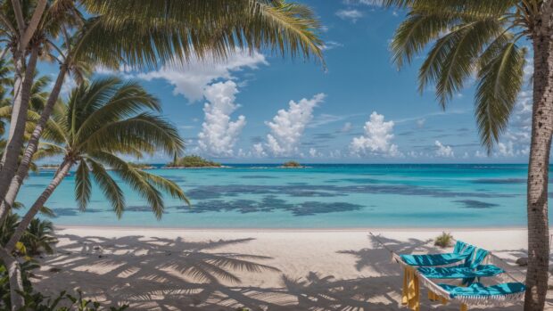 Dreamy 4K wallpaper of a hammock between two palm trees overlooking a tropical paradise.