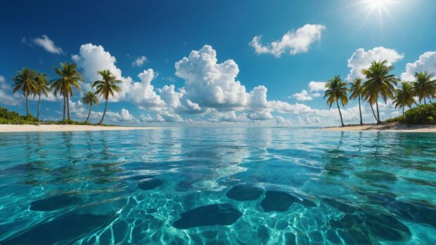 Dreamy desktop wallpaper with palm trees framing a crystal clear turquoise sea under a perfect blue sky dotted with fluffy clouds.