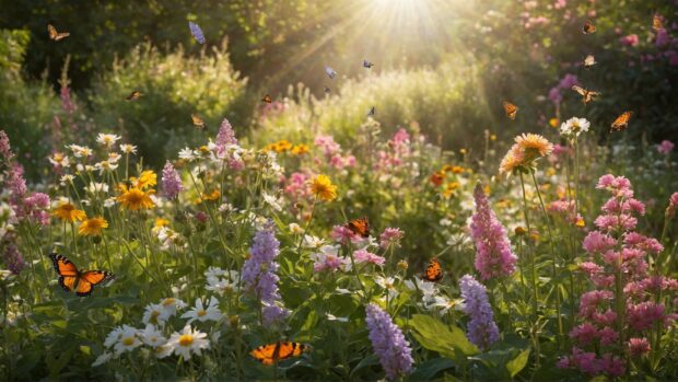 Dreamy summer garden landscape wallpaper filled with blooming flowers, buzzing bees, and fluttering butterflies, all bathed in the soft glow of the morning sun.