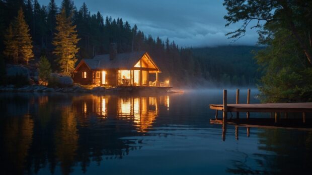 Dreamy summer night lakeside cabin wallpaper with a cozy fire burning inside, and reflections shimmering on the water.
