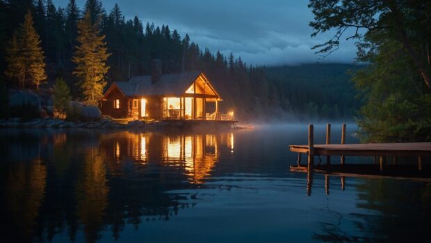 Dreamy summer night lakeside cabin wallpaper with a cozy fire burning inside, and reflections shimmering on the water.