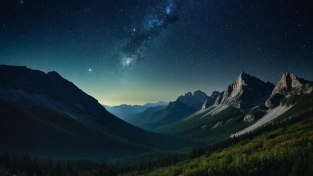 Dreamy summer night mountain landscape wallpaper with a canopy of stars overhead, framing rugged peaks silhouetted against the night sky.