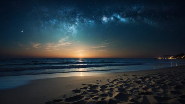 Enchanting summer night beach wallpaper with the moonlight shimmering on the sand, and distant bonfires dotting the coastline.