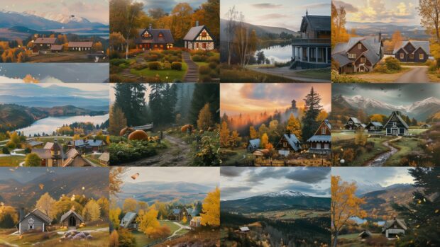 Fall Aesthetic Wallpaper HD featuring a variety of autumn scenes with colorful foliage, pumpkin patches, winding forest paths.