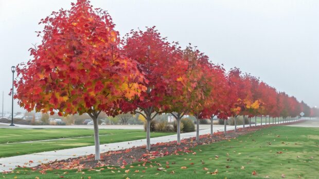 Fall Foliage HD Wallpaper with row of trees with leaves turning from green to red.