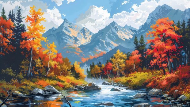 Fall Foliage Wallpaper HD with Mountain stream with colorful leaves on the bank.