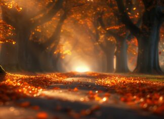 Fall Nature HD Wallpaper with A tree lined avenue with fallen leaves covering the ground.