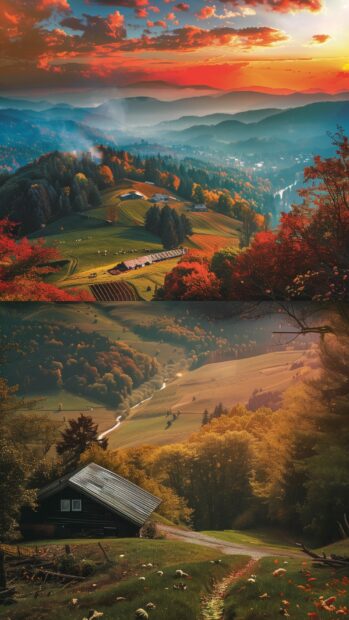 Fall aesthetic collage featuring a variety of autumn scenes colorful foliage, pumpkin patches, cozy cabins, winding forest paths, and golden sunsets.