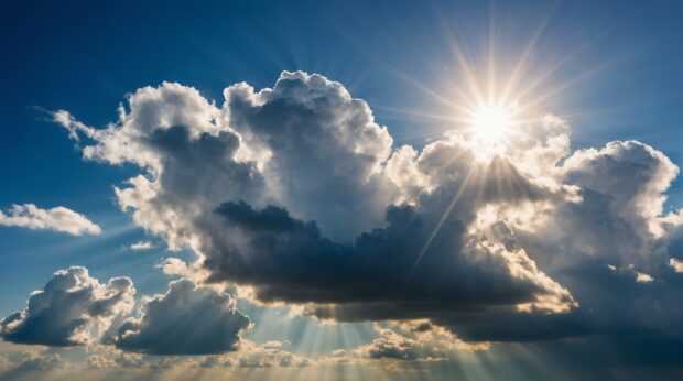 Free download Summer wallpaper with Clear blue sky, sun light through the clouds.