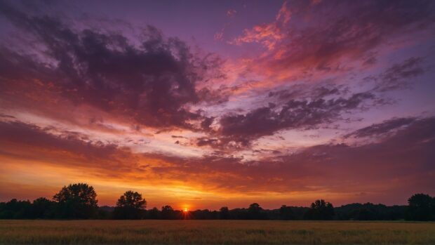 Generate a breathtaking summer sunset with hues of orange, pink, and purple painting the sky.